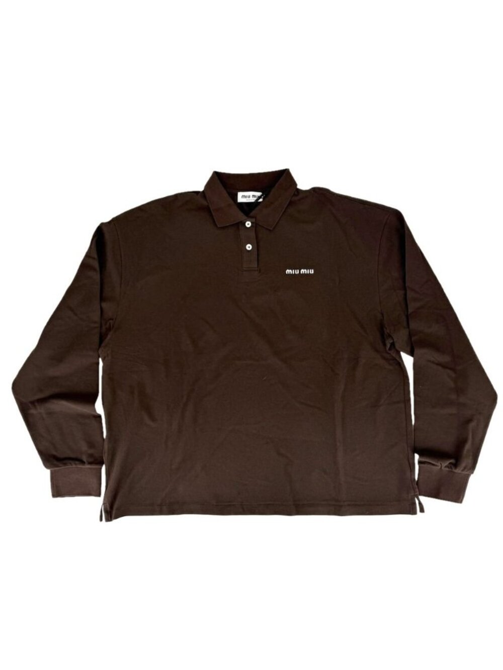 Miu Miu Polo Shirt Cotton Pique Logo Long Sleeve Box Fit Top Brown L